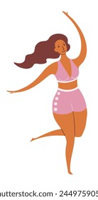 Young woman in swimsuit dancing cute cartoon character illustration. Hand drawn flat style design, isolated vector. Summer holidays, vacations, outdoors, beach activity, pool party, seasonal element