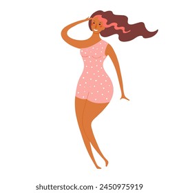 Mujer joven en traje de baño bailando lindo dibujo animado ilustración del personaje. Diseño plano dibujado a mano, Vector aislado. Vacaciones de verano, actividades al aire libre, actividades en la playa, fiesta en la piscina, elemento de temporada