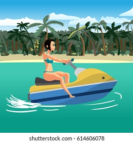 Young woman in a swimsuit is floating on a scooter near a tropical beach. The girl is riding on jet ski boat. Vector cartoon flat illustration