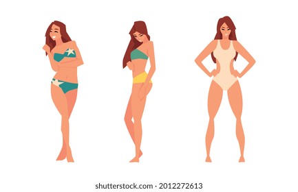 Young Woman in Swimsuit Having Slim Body Standing and Posing Vector Set