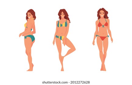Young Woman in Swimsuit Having Slim Body Standing and Posing Vector Set