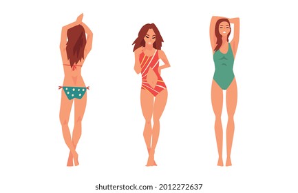 Young Woman in Swimsuit Having Slim Body Standing and Posing Vector Set