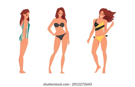 Young Woman in Swimsuit Having Slim Body Standing and Posing Vector Set