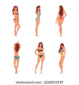Young Woman in Swimsuit Having Slim Body Standing and Posing Vector Set