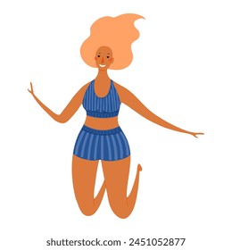 Young woman in swimsuit jumping cute cartoon character illustration. Hand drawn flat style design, isolated vector. Summer holidays, vacations, outdoors, beach activity, pool party, seasonal element