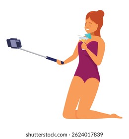 Young woman in a swimsuit is kneeling and taking a selfie while holding a tropical cocktail