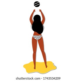 A young woman in a swimsuit on the beach playing beach volley, girl with a ball back view - Character having fun, summer game - Vector illustration