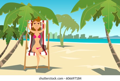 Young woman in a swimsuit on the beach. Green palm trees, sea and sand. Cartoon background.