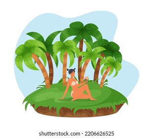 Young woman in swimsuit relaxing on nature. Pretty girl in straw hat sunbathing on island among trees. Pretty woman relaxing on vacation. Summer holidays, fashion model posing on nature cartoon vector