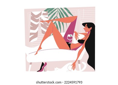 Young woman in swimsuit relaxing on sofa and drinking wine vector illustration. Time to rest and chilling. Summer vacation and holidays concept