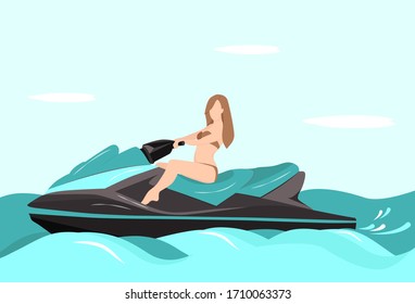 Young woman in swimsuit rides a water bike. Summer vacations. Extreme sport. Flat design vector illustrations.