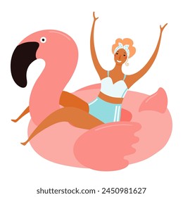 Young woman in swimsuit, riding flamingo float cute cartoon character illustration. Hand drawn flat style design, isolated vector. Summer holidays, vacations, outdoors, beach activity, party element