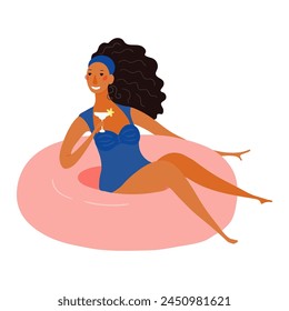 Young woman in swimsuit, riding pool float cute cartoon character illustration. Hand drawn flat style design, isolated vector. Summer holidays, vacations, outdoors, beach activity, pool party element