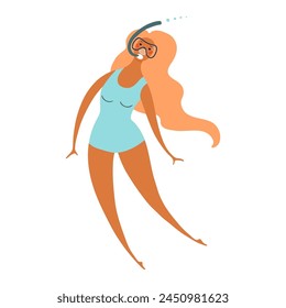 Young woman in swimsuit, snorkeling, diving cute cartoon character illustration. Hand drawn flat style design, isolated vector. Summer holidays, vacations, outdoors, beach activity, seasonal element