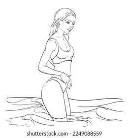 A young woman in a swimsuit standing in the water with wet hair. Rest, outside, sea, waves. Hand drawing, sketch, outline. Isolated on white background. Vector illustration.