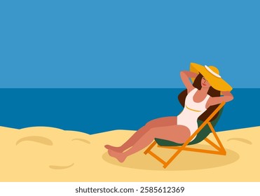 Young woman in swimsuit and straw hat sunbathing on beach, sitting by sea in deck chair - vector color flat illustration for banners, postcards, posters, flyers