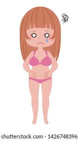 Young woman in swimsuit suffering from obesity.