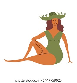 Young woman in swimsuit, sun hat cute cartoon character illustration. Hand drawn flat style design, isolated vector. Summer holidays, vacations, outdoors, beach activity, pool party, seasonal element
