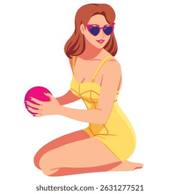 Young woman in Swimsuit with Sunglasses and Beach Ball . Summer Vacation Vector Character Great for summer-themed graphics, beach event promos, travel ads, 