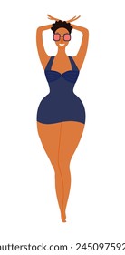Young woman in swimsuit, sunglasses, sunbathing cute cartoon character illustration. Hand drawn flat style design, isolated vector. Summer holiday, vacations, outdoors, beach activity, pool element