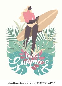 Young woman in swimsuit with surfboard on Colorful tropical leaves summer, Template with place for banner, text. Vector design illustration.
