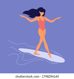 Young woman in swimsuit surfing and dancing on board. Girl with long hair walking on longboard surface. Female surf lifestyle and catching waves. Summer time in sea and surfboard vector illustration