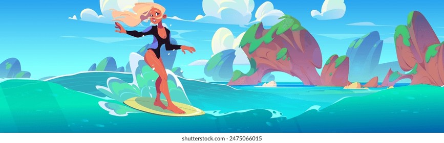 Young woman in swimsuit surfing sea wave on board in tropical lagoon with blue clear water, rock mountain islands and sunny sky with clouds. Cartoon vector female surfer character. Ocean extreme sport