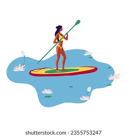 Young woman in a swimsuit swimming on a SUP board on the lake among water lily flowers vector flat illustration