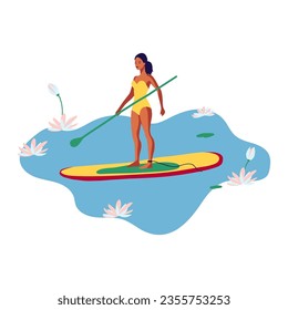 Young woman in a swimsuit swimming on a SUP board on the lake among water lily flowers vector flat illustration