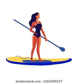 Young woman in a swimsuit swimming on a SUP board vector flat illustration