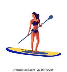 Young woman in a swimsuit swimming on a SUP board vector flat illustration