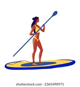 Young woman in a swimsuit swimming on a SUP board vector flat illustration