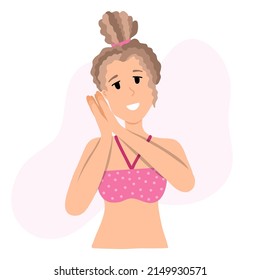 Young woman in the swimsuit and top knot bun is going to sleep. Girl puts her hands together at her ear as a sign of sleep and tilts head. Cute girl isolated on background. Hand drawn vector.