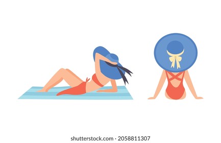 Young Woman in Swimsuit and Wide Brimmed Hat at Sea Shore Sunbathing Vector Set
