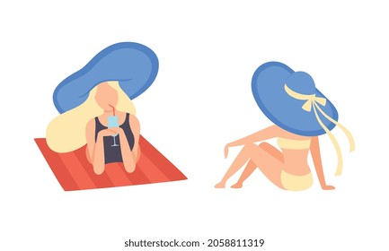 Young Woman in Swimsuit and Wide Brimmed Hat at Sea Shore Sunbathing Vector Set