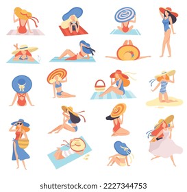 Junge Frau in Swimsuit und breiter Brimmierter Hut an Sea Shore Sonnenbadewanne Big Vector Set