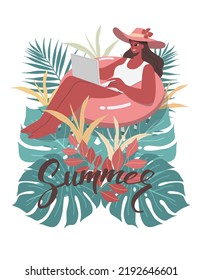 Young woman in swimsuit working with laptop on inflatable ring and on Colorful tropical leaves summer, Template with place for banner, text. 
Vector design illustration.