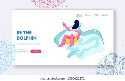 Young Woman in Swimwear Riding Inflatable Float in Aquapark Water Slide Enjoying Summer Vacation. Active Lifestyle Leisure Website Landing Page, Web Page. Cartoon Flat Vector Illustration, Banner