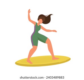 Young woman in swimwear standing on surfboard. Girl in active motion surfing. Sport and active healthy lifestyle. Summer rest. Flat vector illustration isolated on white background