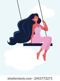 Young woman swing on swings cartoon vector illustration. Rope seesaw soaring through the air. Happy serene lifestyle concept