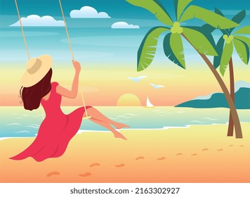 A young woman swings on a swing on the evening beach, sunset and waves, beautiful landscape. Flat illustration