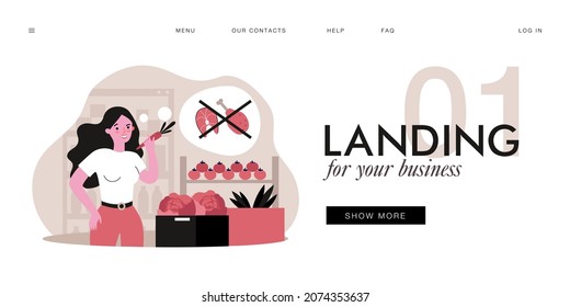 Young woman switching to vegetarian lifestyle. Flat vector illustration. Girl choosing vegetables and plant-based diet instead of meat and fish. Vegetarianism, food, diet, lifestyle concept for design
