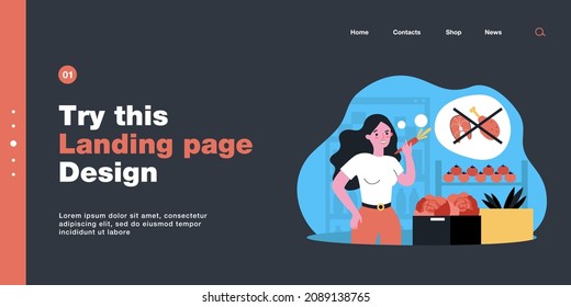 Young woman switching to vegetarian lifestyle. Flat vector illustration. Girl choosing vegetables and plant-based diet instead of meat and fish. Vegetarianism, food, diet, lifestyle concept for design