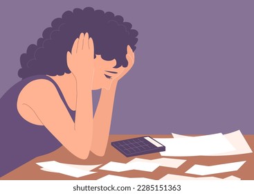 A young woman at the table counts debts and expenses. Checks, bills and calculator. Stress and financial problem. Cartoon vector illustration