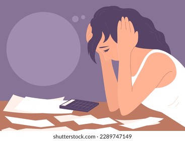 A young woman at the table counts debts, credit and expenses. Text bubble. Checks, bills and calculator. Stress and financial problem. Cartoon vector illustration