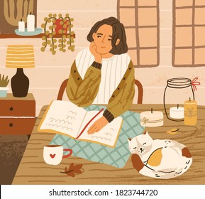 Young woman at table with sleeping cat. Cozy autumnal atmosphere at home. Dreaming character in warm clothes sit in room. Scene of daydream or recreation. Flat vector illustration of homely apartment