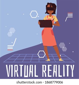 Young woman with tablet and 3d vr goggles is entertaining in cyber using computer technologies for simulation augmented virtual reality. Online video games. Vector flat illustration