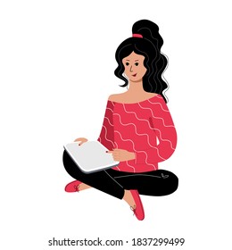 Young woman with a tablet searching and choosing something on the Internet. Browsing the site online. Education entertainment. Flat modern character. Stock vector illustration isolated on white.