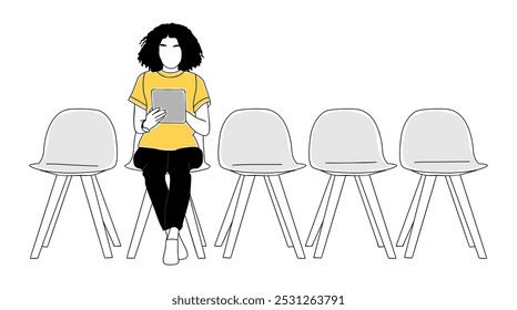Jovem mulher com tablet sentado na cadeira, esperando. Ilustração de esboço comercial do conceito de trabalho e transportadora isolada no fundo branco. Melhor candidato a emprego, esboço da entrevista de emprego