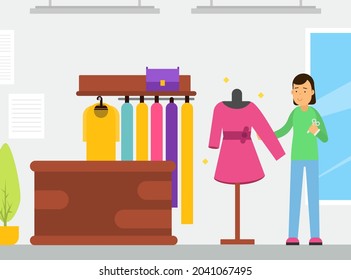 Young Woman Tailor Character Sewing Dress at Workshop Enjoying Hobby Activity Vector Illustration